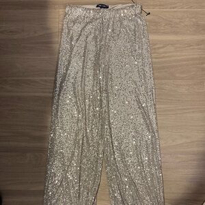 Sparkle Straight-Leg Sequin Pants - Silver